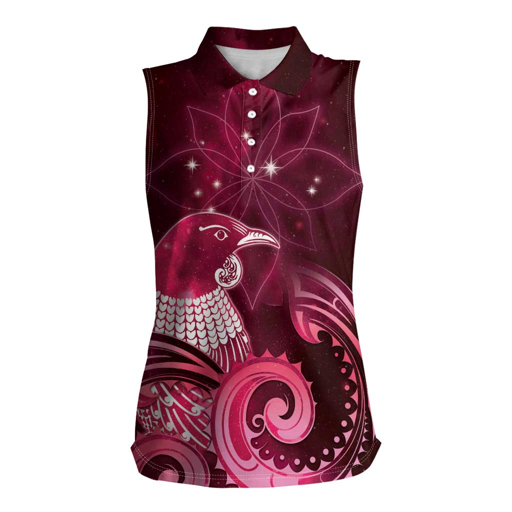 New Zealand Matariki Women Sleeveless Polo Shirt Maori Tui Bird Magenta Galaxy DT05 Female Magenta - Polynesian Pride