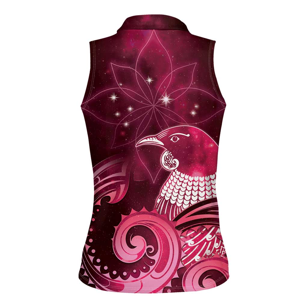 New Zealand Matariki Women Sleeveless Polo Shirt Maori Tui Bird Magenta Galaxy DT05 - Polynesian Pride