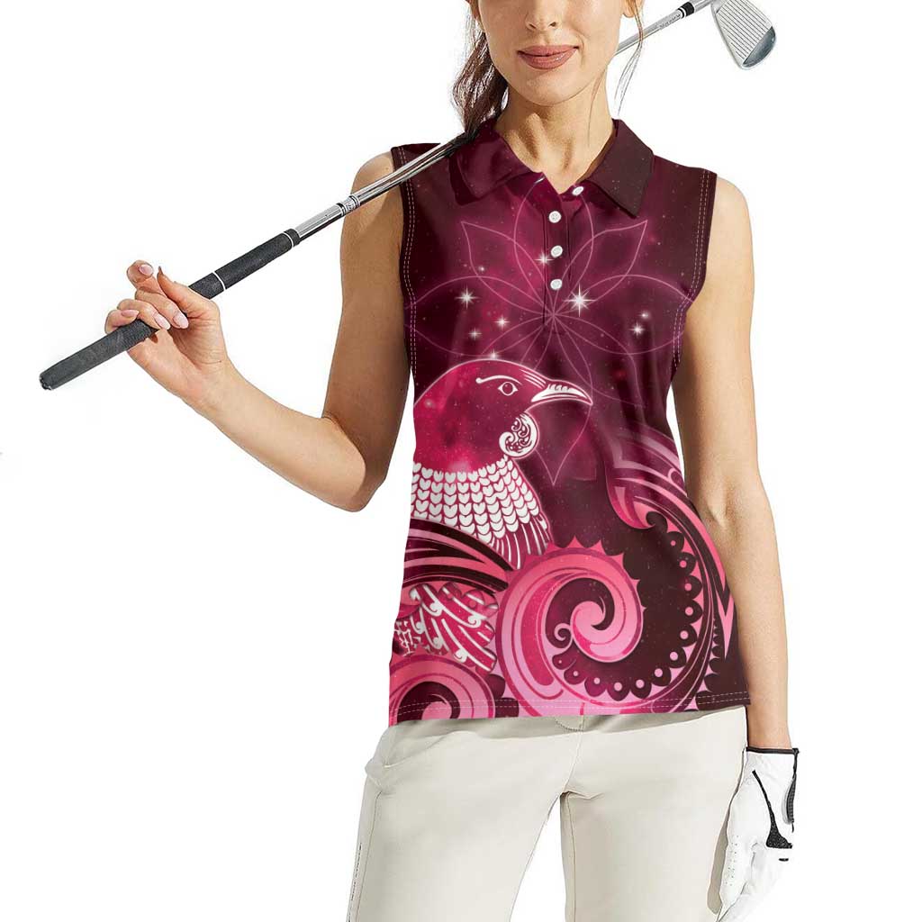 New Zealand Matariki Women Sleeveless Polo Shirt Maori Tui Bird Magenta Galaxy DT05 - Polynesian Pride