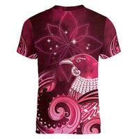 New Zealand Matariki Women V-Neck T-Shirt Maori Tui Bird Magenta Galaxy DT05 - Polynesian Pride
