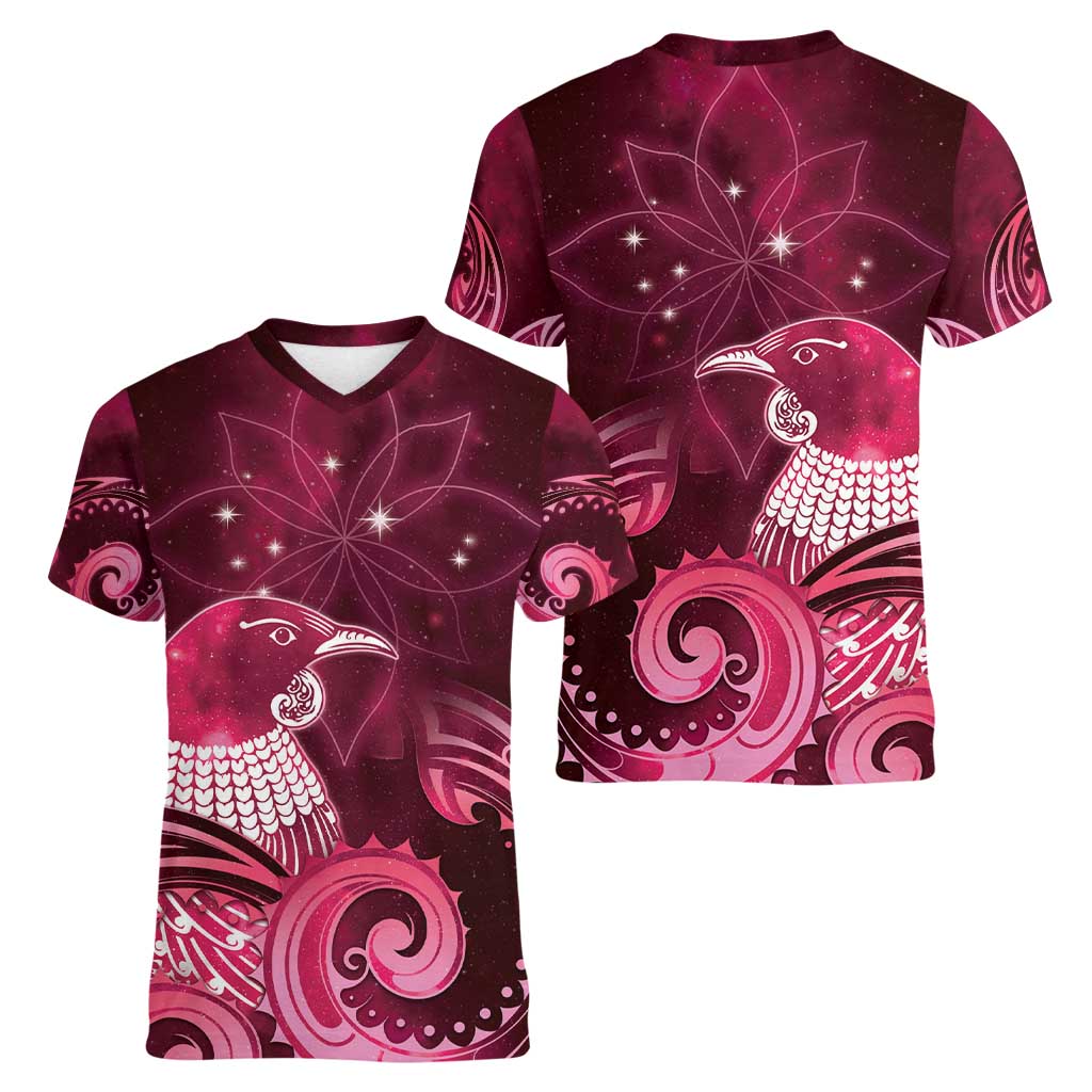 New Zealand Matariki Women V-Neck T-Shirt Maori Tui Bird Magenta Galaxy DT05 - Polynesian Pride