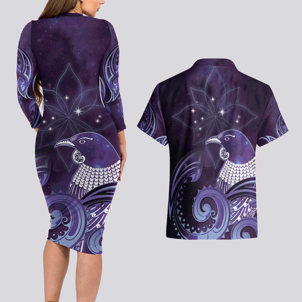 New Zealand Matariki Couples Matching Long Sleeve Bodycon Dress and Hawaiian Shirt Maori Tui Bird Purple Galaxy DT05 - Polynesian Pride