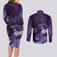New Zealand Matariki Couples Matching Long Sleeve Bodycon Dress and Long Sleeve Button Shirt Maori Tui Bird Purple Galaxy DT05 - Polynesian Pride