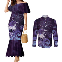 New Zealand Matariki Couples Matching Mermaid Dress and Long Sleeve Button Shirt Maori Tui Bird Purple Galaxy DT05 Purple - Polynesian Pride