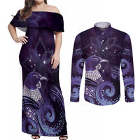 New Zealand Matariki Couples Matching Off Shoulder Maxi Dress and Long Sleeve Button Shirt Maori Tui Bird Purple Galaxy DT05 Purple - Polynesian Pride