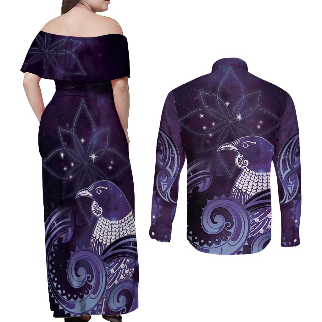 New Zealand Matariki Couples Matching Off Shoulder Maxi Dress and Long Sleeve Button Shirt Maori Tui Bird Purple Galaxy DT05 - Polynesian Pride