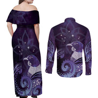 New Zealand Matariki Couples Matching Off Shoulder Maxi Dress and Long Sleeve Button Shirt Maori Tui Bird Purple Galaxy DT05 - Polynesian Pride