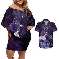 New Zealand Matariki Couples Matching Off Shoulder Short Dress and Hawaiian Shirt Maori Tui Bird Purple Galaxy DT05 Purple - Polynesian Pride