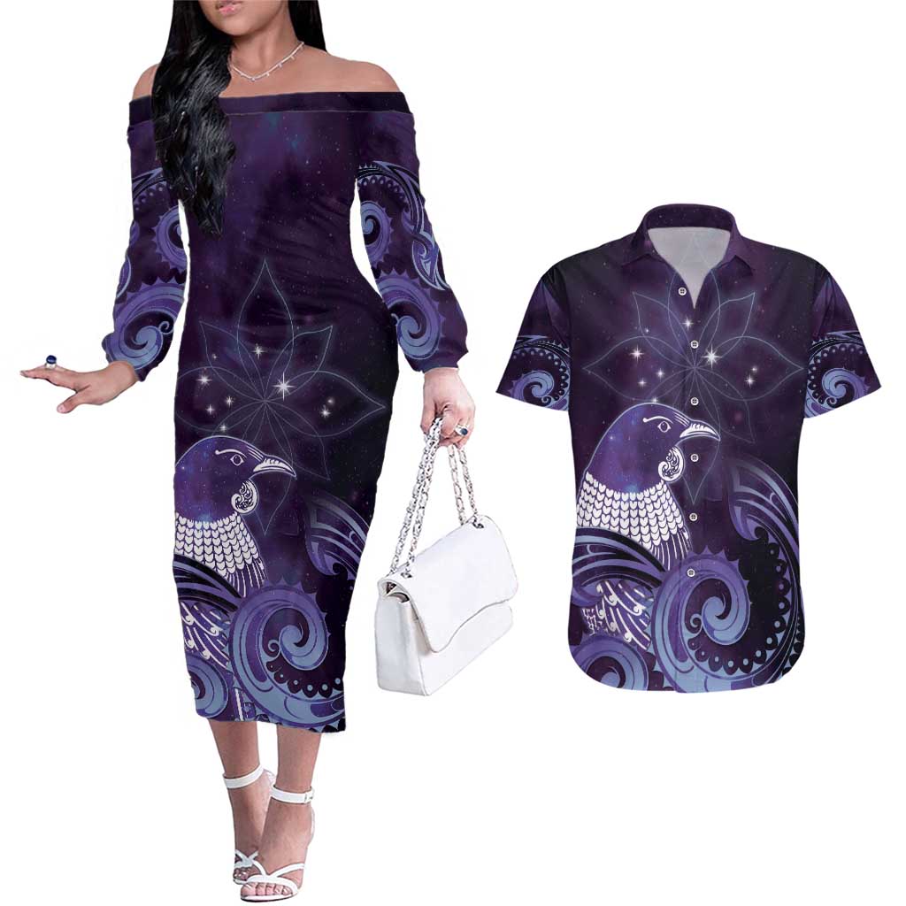New Zealand Matariki Couples Matching Off The Shoulder Long Sleeve Dress and Hawaiian Shirt Maori Tui Bird Purple Galaxy DT05 Purple - Polynesian Pride