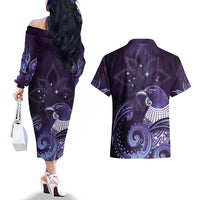 New Zealand Matariki Couples Matching Off The Shoulder Long Sleeve Dress and Hawaiian Shirt Maori Tui Bird Purple Galaxy DT05 - Polynesian Pride