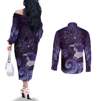 New Zealand Matariki Couples Matching Off The Shoulder Long Sleeve Dress and Long Sleeve Button Shirt Maori Tui Bird Purple Galaxy DT05 - Polynesian Pride