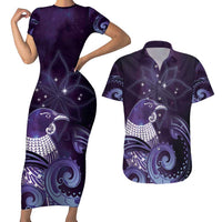 New Zealand Matariki Couples Matching Short Sleeve Bodycon Dress and Hawaiian Shirt Maori Tui Bird Purple Galaxy DT05 Purple - Polynesian Pride