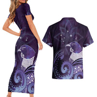 New Zealand Matariki Couples Matching Short Sleeve Bodycon Dress and Hawaiian Shirt Maori Tui Bird Purple Galaxy DT05 - Polynesian Pride