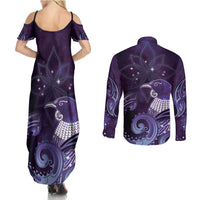 New Zealand Matariki Couples Matching Summer Maxi Dress and Long Sleeve Button Shirt Maori Tui Bird Purple Galaxy DT05 - Polynesian Pride
