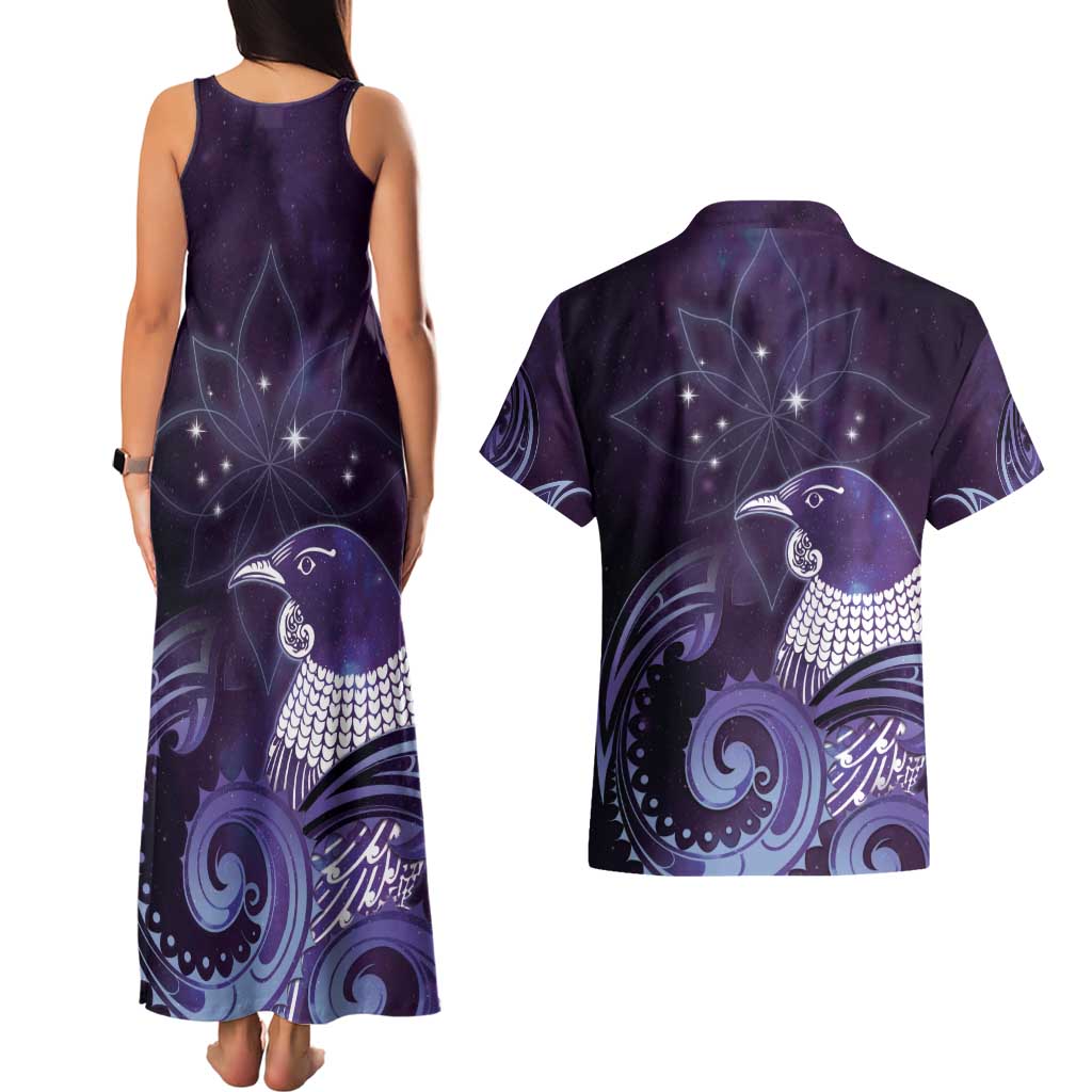New Zealand Matariki Couples Matching Tank Maxi Dress and Hawaiian Shirt Maori Tui Bird Purple Galaxy DT05 - Polynesian Pride