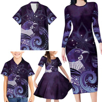 New Zealand Matariki Family Matching Long Sleeve Bodycon Dress and Hawaiian Shirt Maori Tui Bird Purple Galaxy DT05 - Polynesian Pride