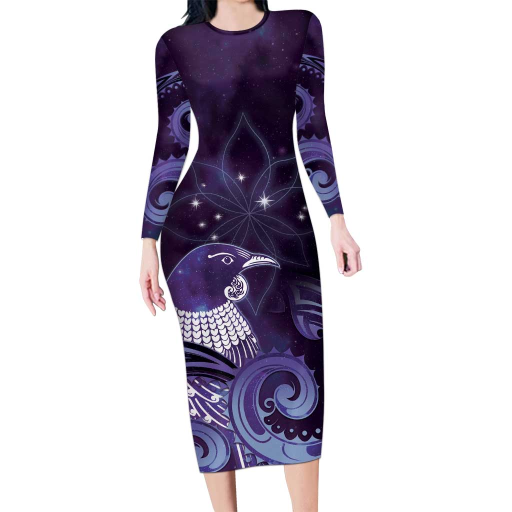 New Zealand Matariki Family Matching Long Sleeve Bodycon Dress and Hawaiian Shirt Maori Tui Bird Purple Galaxy DT05 Mom's Dress Purple - Polynesian Pride