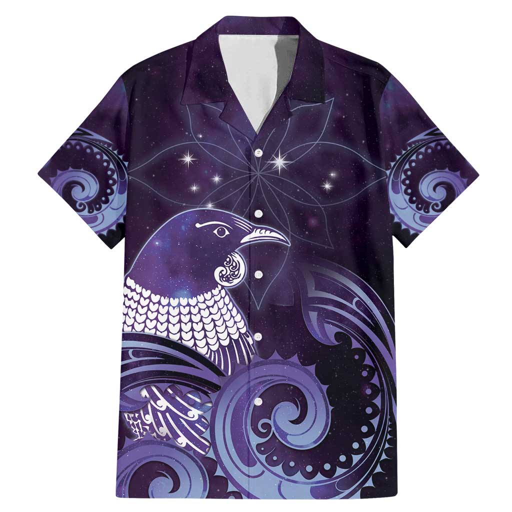 New Zealand Matariki Family Matching Mermaid Dress and Hawaiian Shirt Maori Tui Bird Purple Galaxy DT05 Dad's Shirt - Short Sleeve Purple - Polynesian Pride