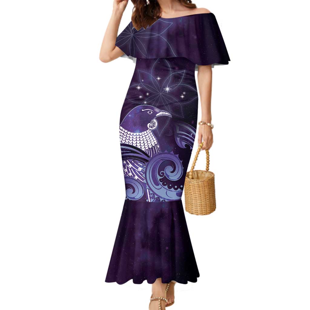 New Zealand Matariki Family Matching Mermaid Dress and Hawaiian Shirt Maori Tui Bird Purple Galaxy DT05 Mom's Dress Purple - Polynesian Pride