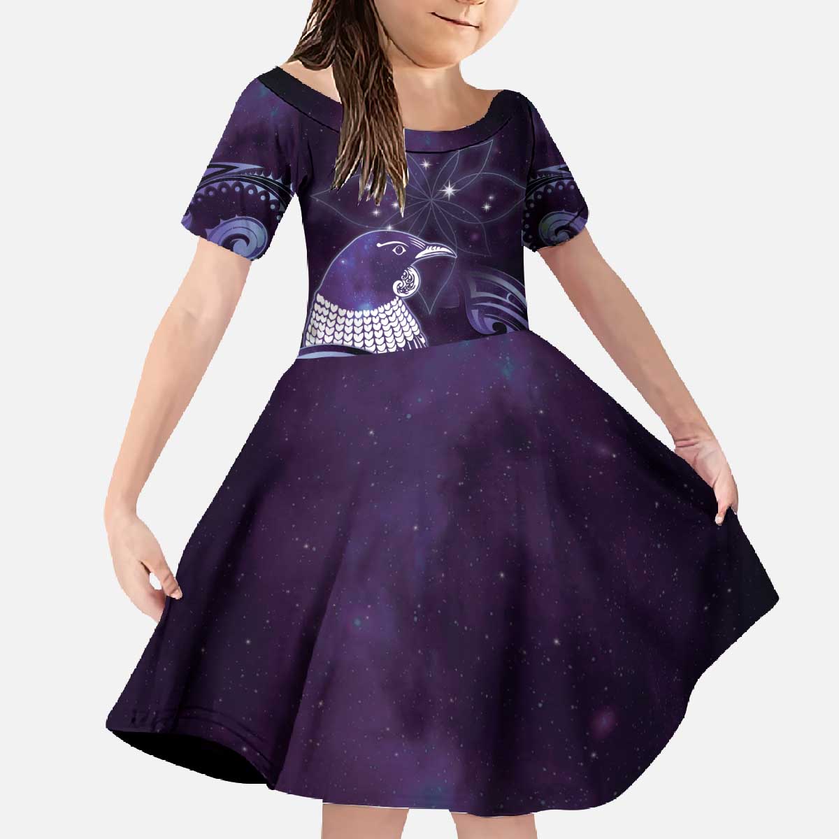New Zealand Matariki Family Matching Off The Shoulder Long Sleeve Dress and Hawaiian Shirt Maori Tui Bird Purple Galaxy DT05 Daughter's Dress Purple - Polynesian Pride