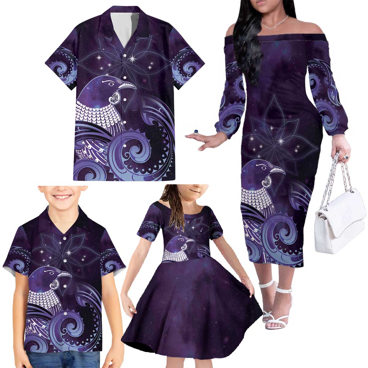 New Zealand Matariki Family Matching Off The Shoulder Long Sleeve Dress and Hawaiian Shirt Maori Tui Bird Purple Galaxy DT05 - Polynesian Pride