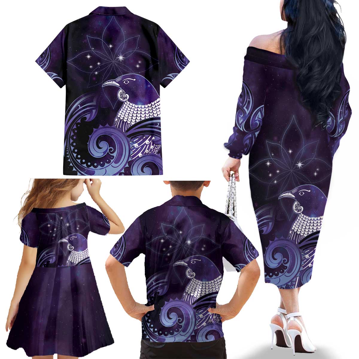New Zealand Matariki Family Matching Off The Shoulder Long Sleeve Dress and Hawaiian Shirt Maori Tui Bird Purple Galaxy DT05 - Polynesian Pride