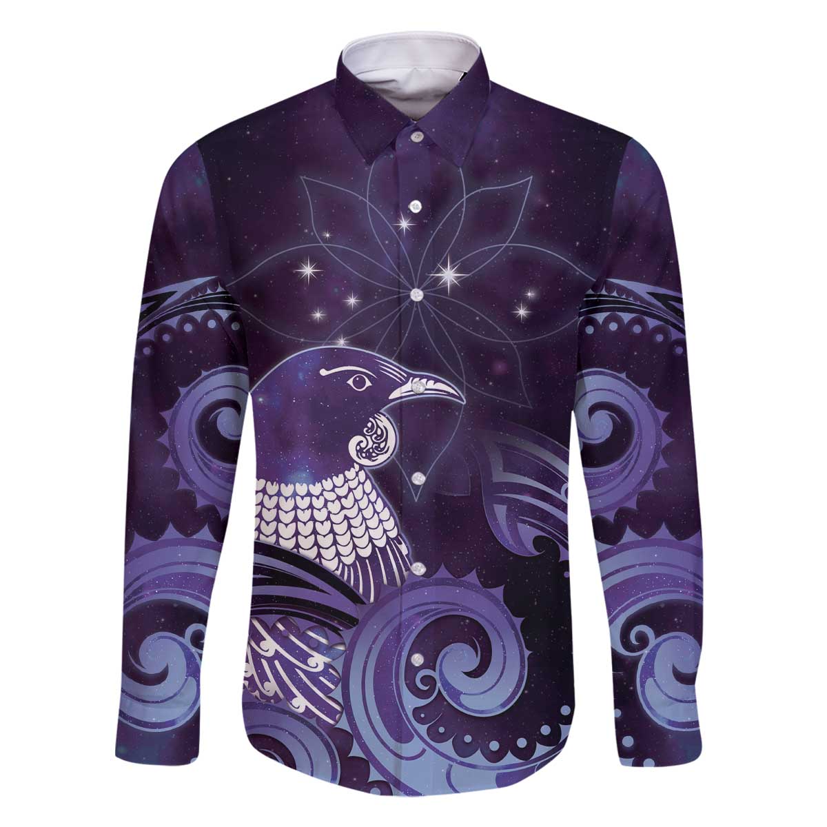 New Zealand Matariki Family Matching Off The Shoulder Long Sleeve Dress and Hawaiian Shirt Maori Tui Bird Purple Galaxy DT05 Dad's Shirt - Long Sleeve Purple - Polynesian Pride