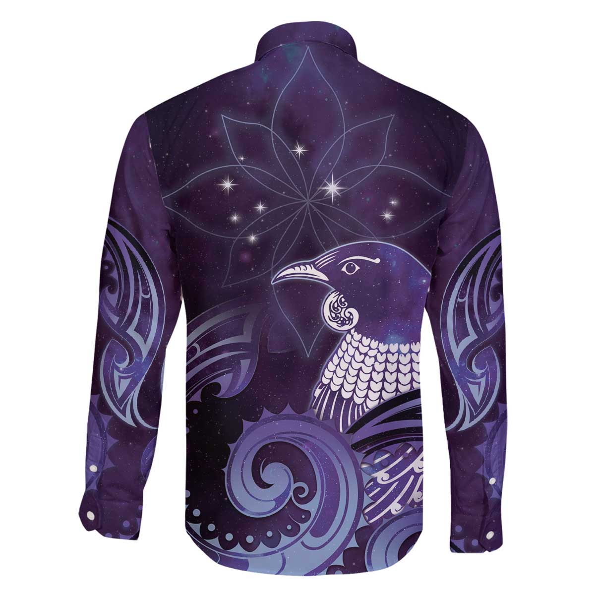 New Zealand Matariki Family Matching Off The Shoulder Long Sleeve Dress and Hawaiian Shirt Maori Tui Bird Purple Galaxy DT05 - Polynesian Pride