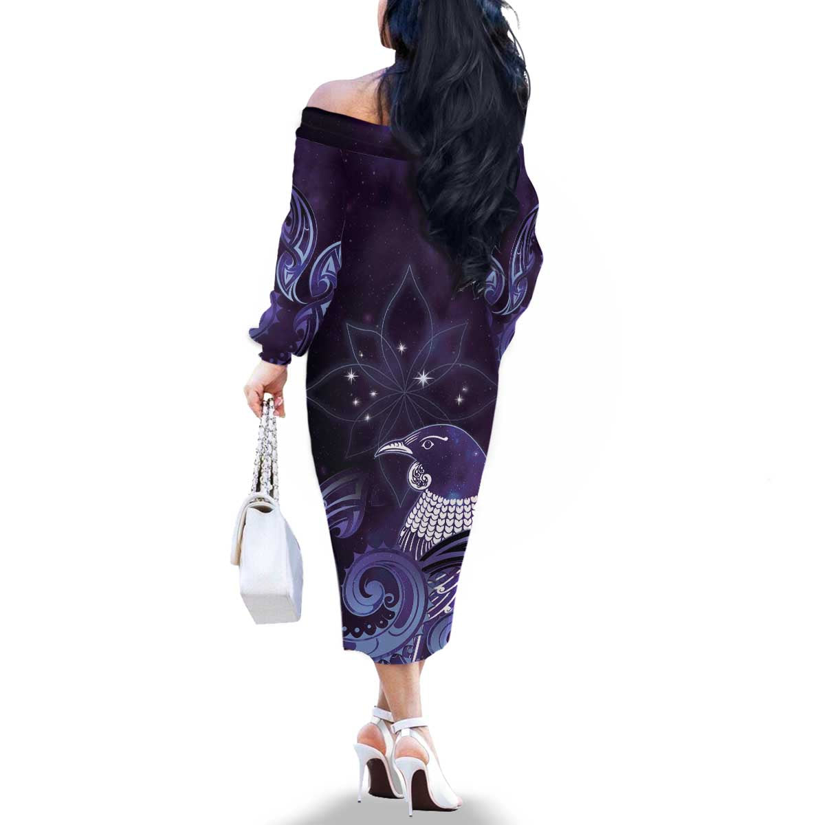 New Zealand Matariki Family Matching Off The Shoulder Long Sleeve Dress and Hawaiian Shirt Maori Tui Bird Purple Galaxy DT05 - Polynesian Pride