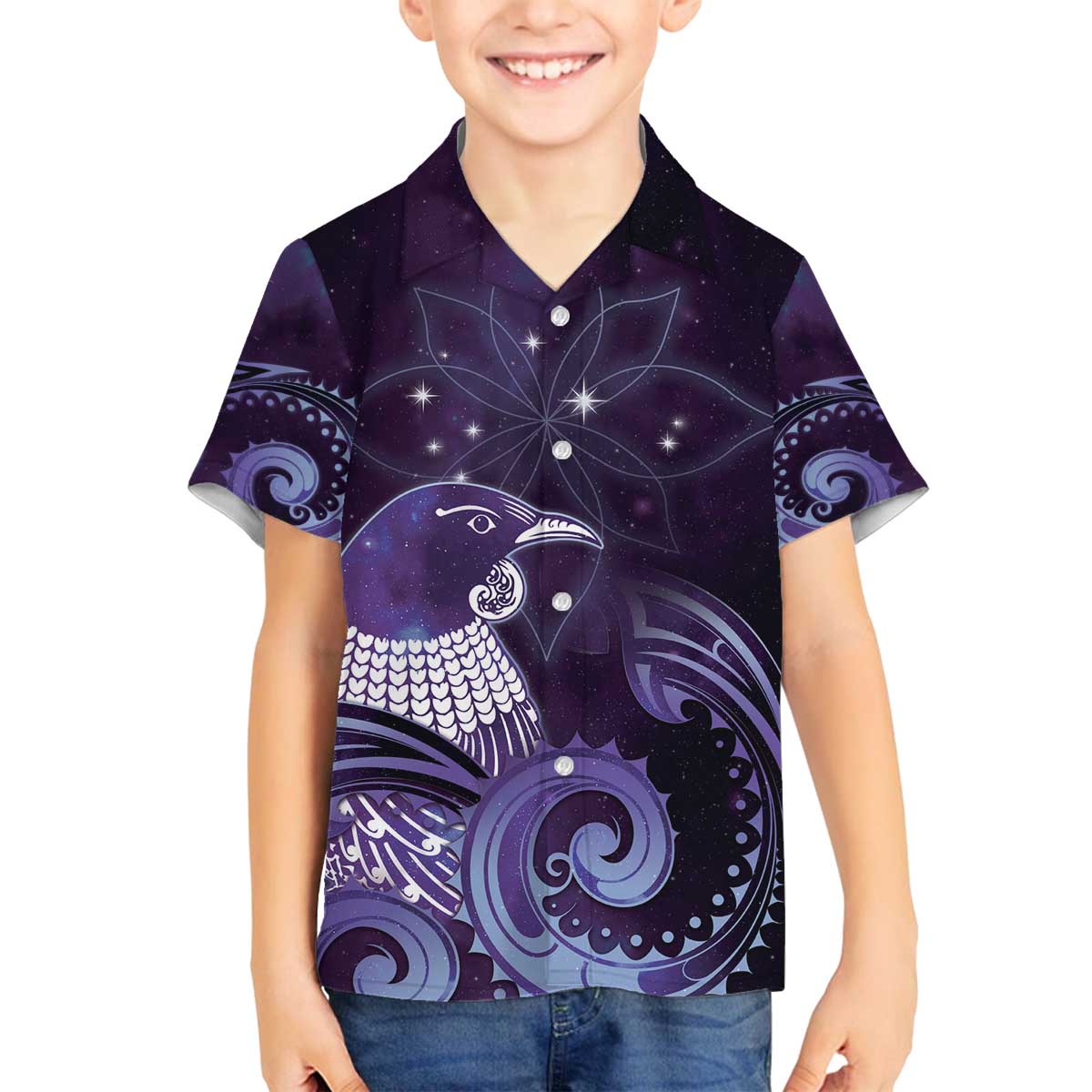 New Zealand Matariki Family Matching Off The Shoulder Long Sleeve Dress and Hawaiian Shirt Maori Tui Bird Purple Galaxy DT05 Son's Shirt Purple - Polynesian Pride
