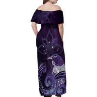 New Zealand Matariki Family Matching Off Shoulder Maxi Dress and Hawaiian Shirt Maori Tui Bird Purple Galaxy DT05 - Polynesian Pride