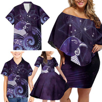 New Zealand Matariki Family Matching Off Shoulder Short Dress and Hawaiian Shirt Maori Tui Bird Purple Galaxy DT05 - Polynesian Pride