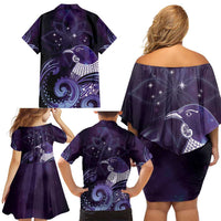New Zealand Matariki Family Matching Off Shoulder Short Dress and Hawaiian Shirt Maori Tui Bird Purple Galaxy DT05 - Polynesian Pride