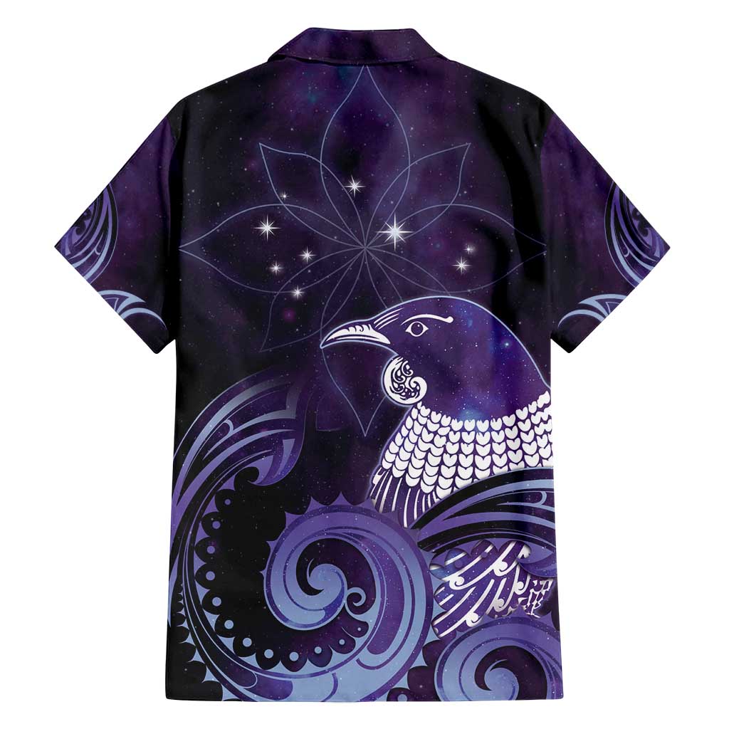 New Zealand Matariki Family Matching Off Shoulder Short Dress and Hawaiian Shirt Maori Tui Bird Purple Galaxy DT05 - Polynesian Pride