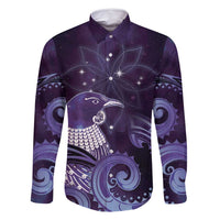 New Zealand Matariki Family Matching Off Shoulder Short Dress and Hawaiian Shirt Maori Tui Bird Purple Galaxy DT05 Dad's Shirt - Long Sleeve Purple - Polynesian Pride