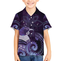 New Zealand Matariki Family Matching Off Shoulder Short Dress and Hawaiian Shirt Maori Tui Bird Purple Galaxy DT05 Son's Shirt Purple - Polynesian Pride