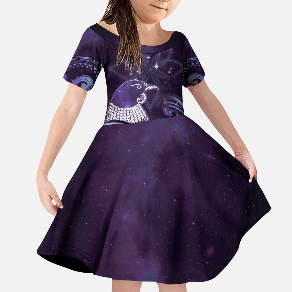 New Zealand Matariki Family Matching Puletasi and Hawaiian Shirt Maori Tui Bird Purple Galaxy DT05 Daughter's Dress Purple - Polynesian Pride