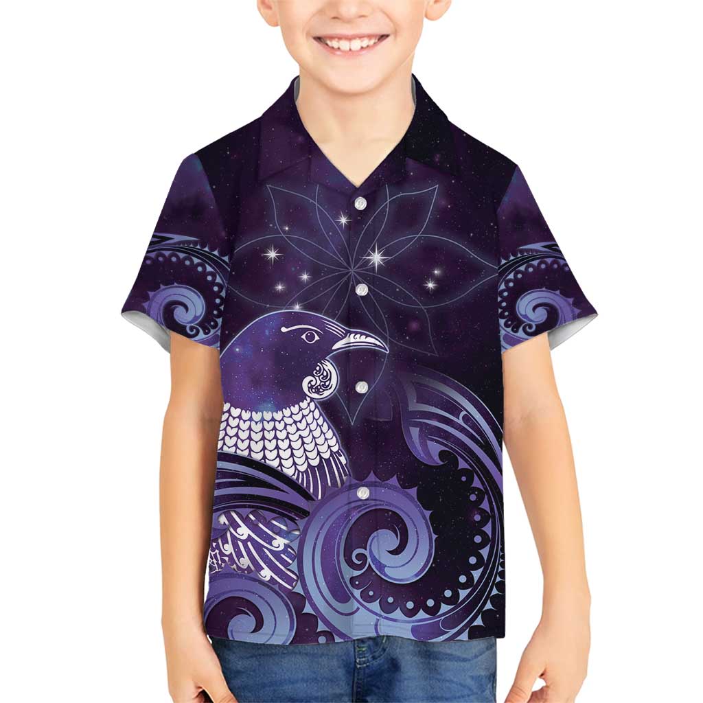 New Zealand Matariki Family Matching Puletasi and Hawaiian Shirt Maori Tui Bird Purple Galaxy DT05 Son's Shirt Purple - Polynesian Pride