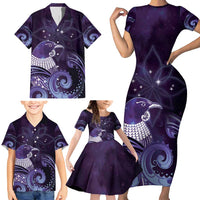 New Zealand Matariki Family Matching Short Sleeve Bodycon Dress and Hawaiian Shirt Maori Tui Bird Purple Galaxy DT05 - Polynesian Pride