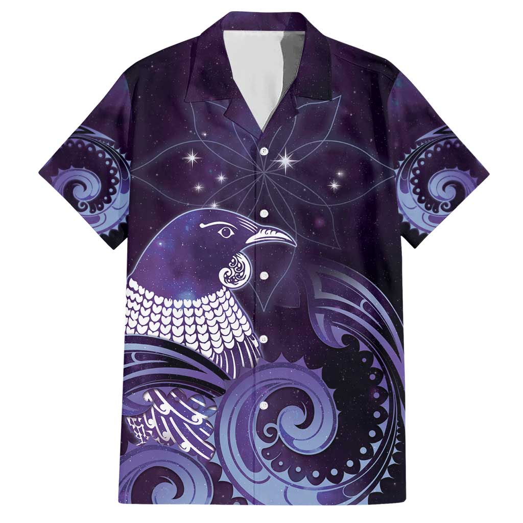 New Zealand Matariki Family Matching Short Sleeve Bodycon Dress and Hawaiian Shirt Maori Tui Bird Purple Galaxy DT05 Dad's Shirt - Short Sleeve Purple - Polynesian Pride