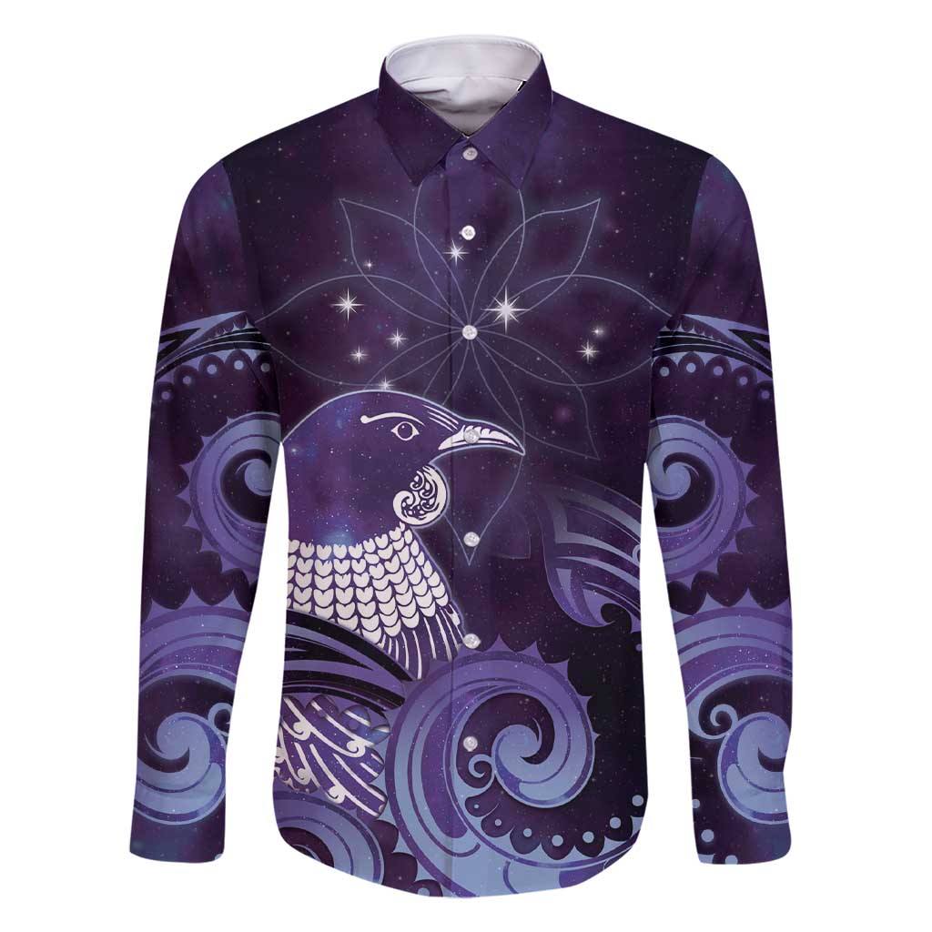 New Zealand Matariki Family Matching Short Sleeve Bodycon Dress and Hawaiian Shirt Maori Tui Bird Purple Galaxy DT05 Dad's Shirt - Long Sleeve Purple - Polynesian Pride