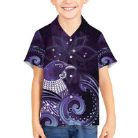 New Zealand Matariki Family Matching Short Sleeve Bodycon Dress and Hawaiian Shirt Maori Tui Bird Purple Galaxy DT05 Son's Shirt Purple - Polynesian Pride