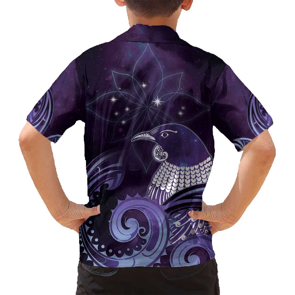 New Zealand Matariki Family Matching Summer Maxi Dress and Hawaiian Shirt Maori Tui Bird Purple Galaxy DT05 - Polynesian Pride