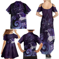 New Zealand Matariki Family Matching Summer Maxi Dress and Hawaiian Shirt Maori Tui Bird Purple Galaxy DT05 - Polynesian Pride