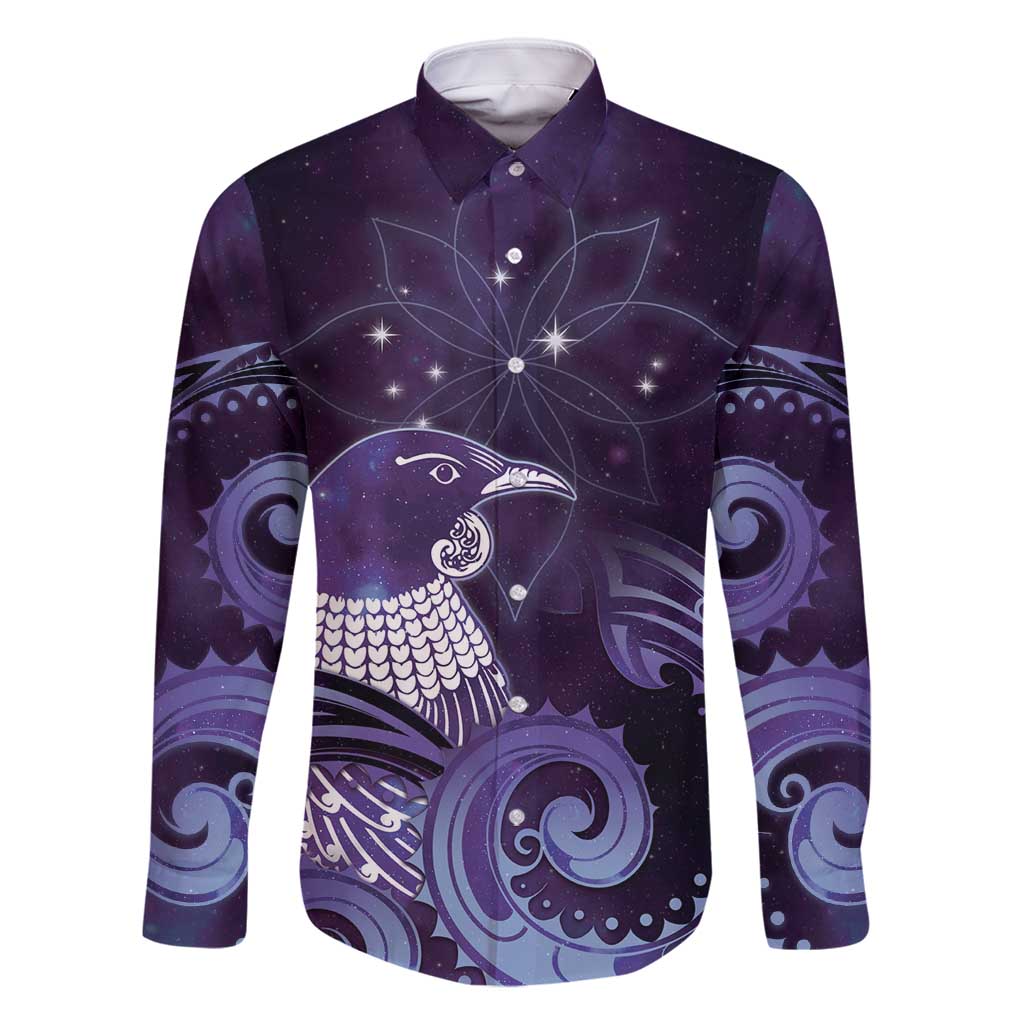 New Zealand Matariki Family Matching Summer Maxi Dress and Hawaiian Shirt Maori Tui Bird Purple Galaxy DT05 Dad's Shirt - Long Sleeve Purple - Polynesian Pride