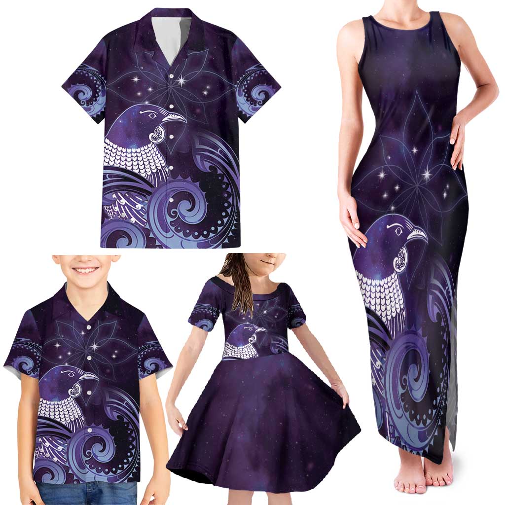 New Zealand Matariki Family Matching Tank Maxi Dress and Hawaiian Shirt Maori Tui Bird Purple Galaxy DT05 - Polynesian Pride