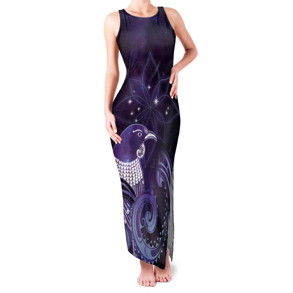 New Zealand Matariki Family Matching Tank Maxi Dress and Hawaiian Shirt Maori Tui Bird Purple Galaxy DT05 Mom's Dress Purple - Polynesian Pride