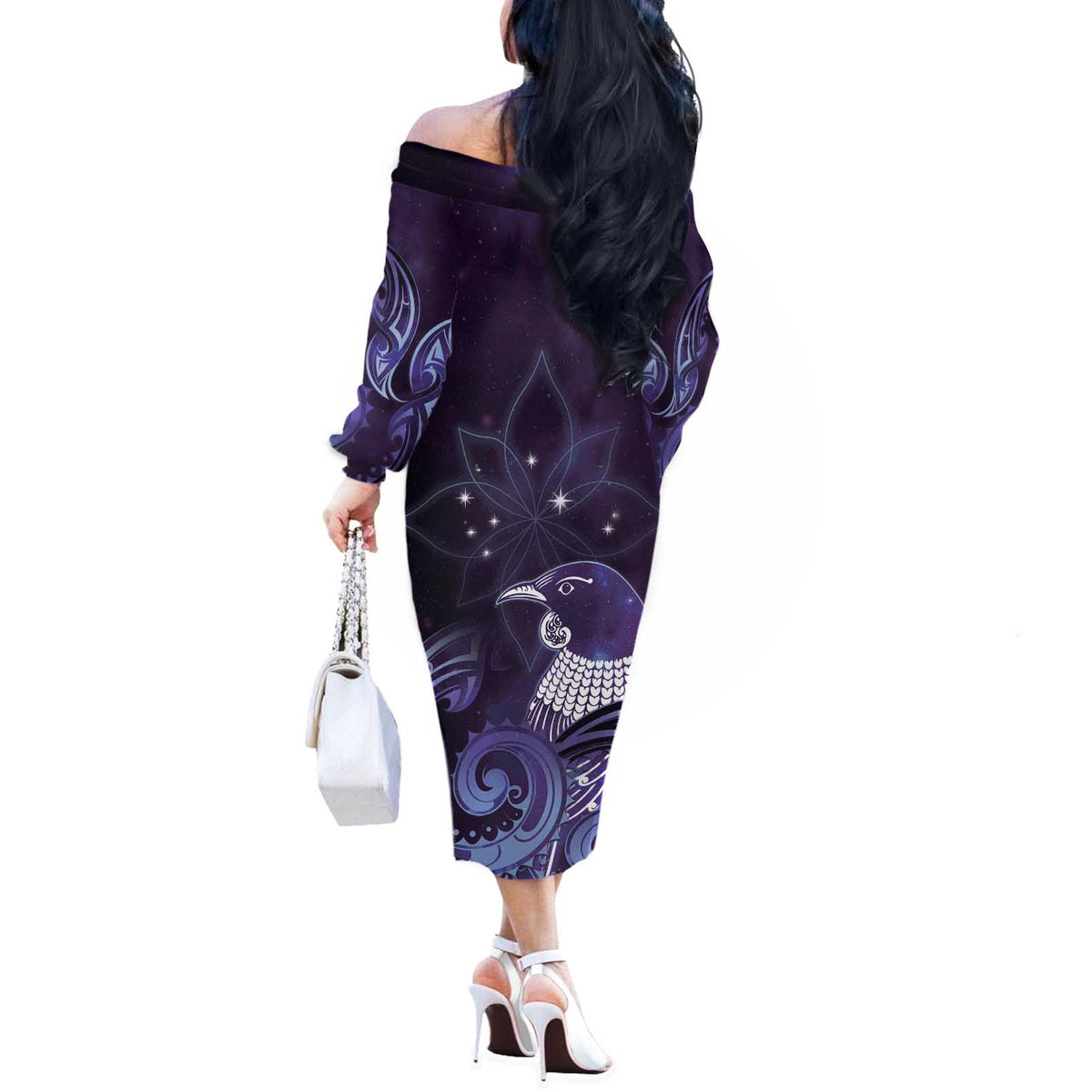 New Zealand Matariki Off The Shoulder Long Sleeve Dress Maori Tui Bird Purple Galaxy DT05 - Polynesian Pride