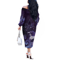 New Zealand Matariki Off The Shoulder Long Sleeve Dress Maori Tui Bird Purple Galaxy DT05 - Polynesian Pride