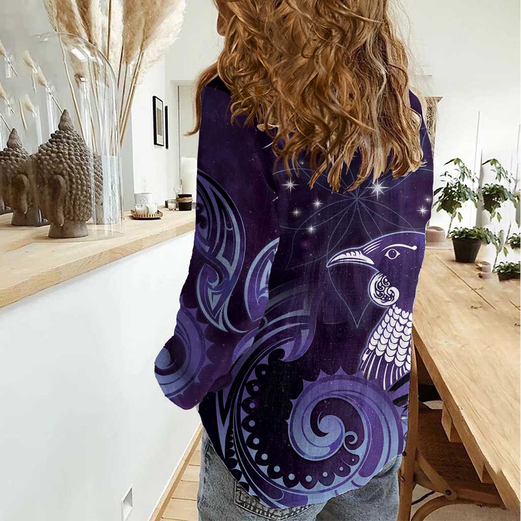 New Zealand Matariki Women Casual Shirt Maori Tui Bird Purple Galaxy DT05 - Polynesian Pride